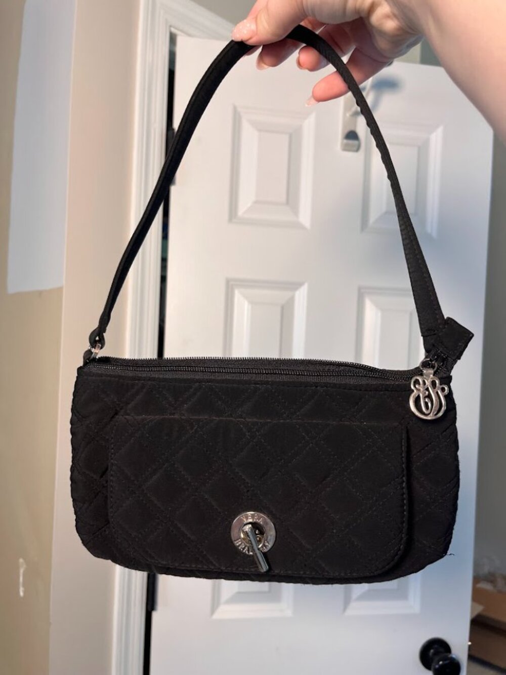 Vera Bradley Black Quilted Microfiber Turnlock Shoulder Bag Purse